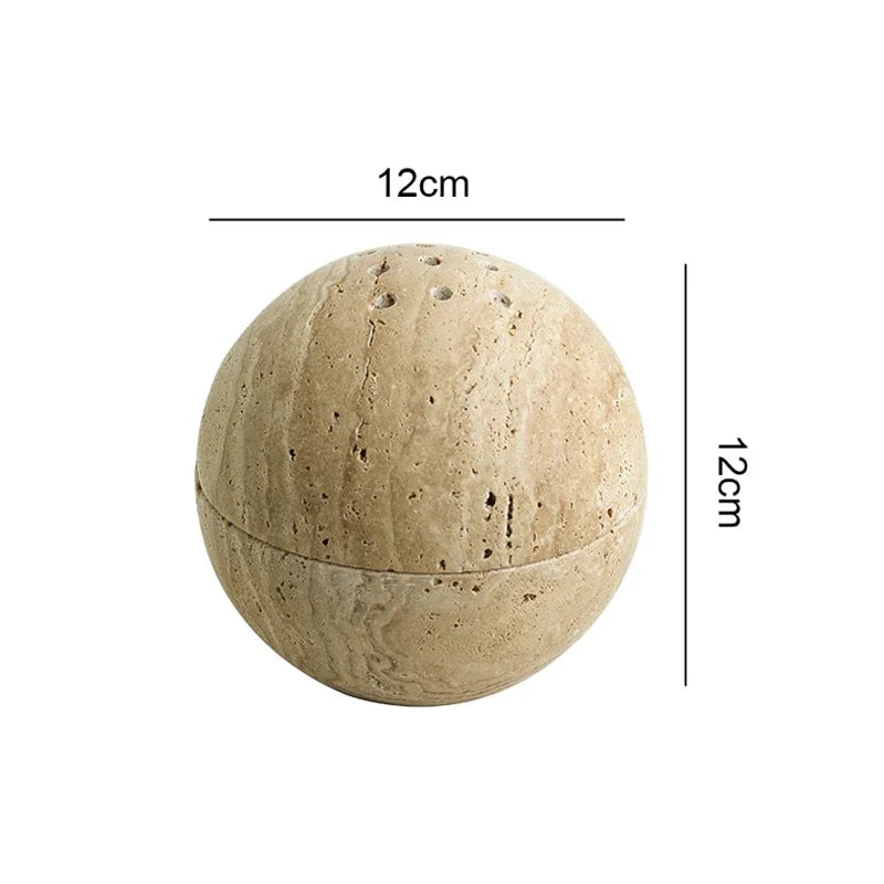 Wabi-Sabi Style Natural Beige Marble Stone, 9 Holes Sphere Incense Burner, Wood Plate Container, Home Decoration Crafts