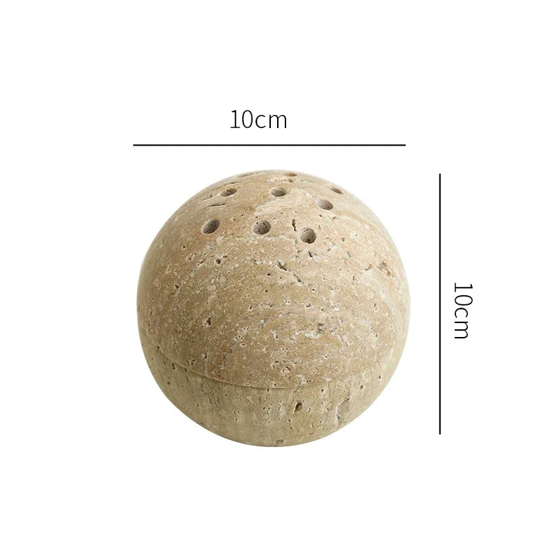 Wabi-Sabi Style Natural Beige Marble Stone, 9 Holes Sphere Incense Burner, Wood Plate Container, Home Decoration Crafts