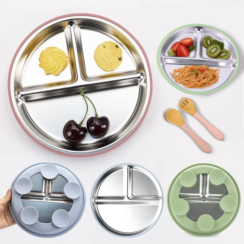 New Kids Tableware - 304 Stainless Steel Divided Plate with Silicone Suction Base for Babies