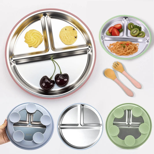 New Kids Tableware - 304 Stainless Steel Divided Plate with Silicone Suction Base for Babies