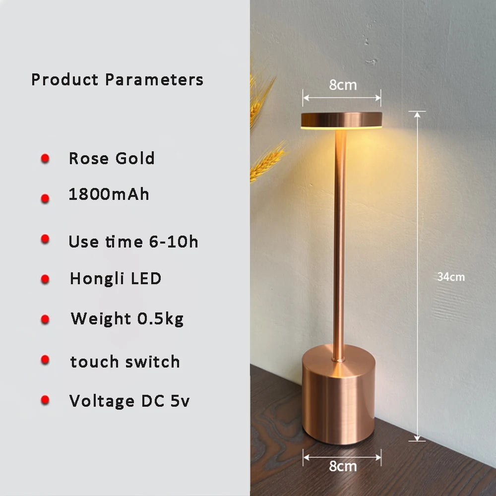 LED Table Lamp Hotel Wireless Rechargeable Desk Lamp Touch Switch Table Lamp Metal Retrolight for Bedroom Living Room Restaurant
