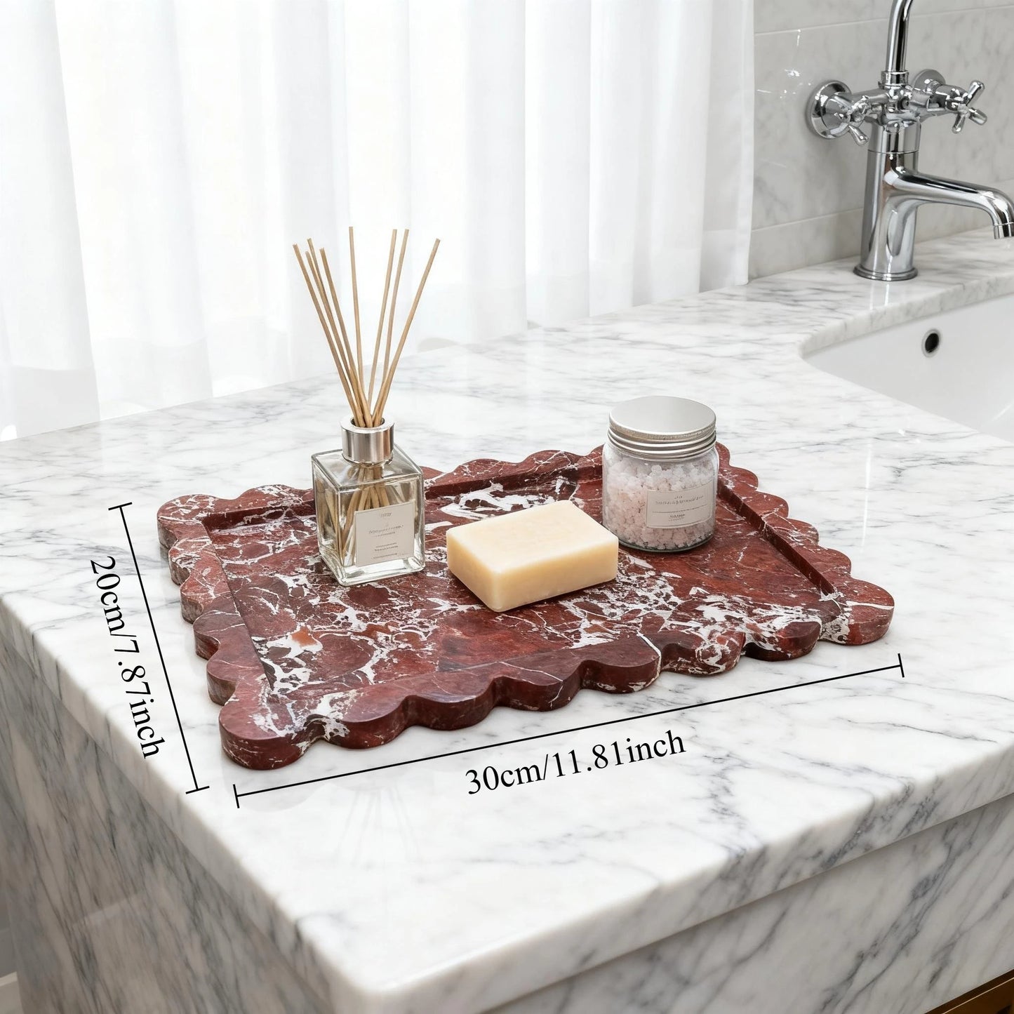Purple Marble Tray Scalloped Edge,Natural Stone Jewelry Organizer Dish, Vanity Storage & Bathroom Countertop Trinket Tray