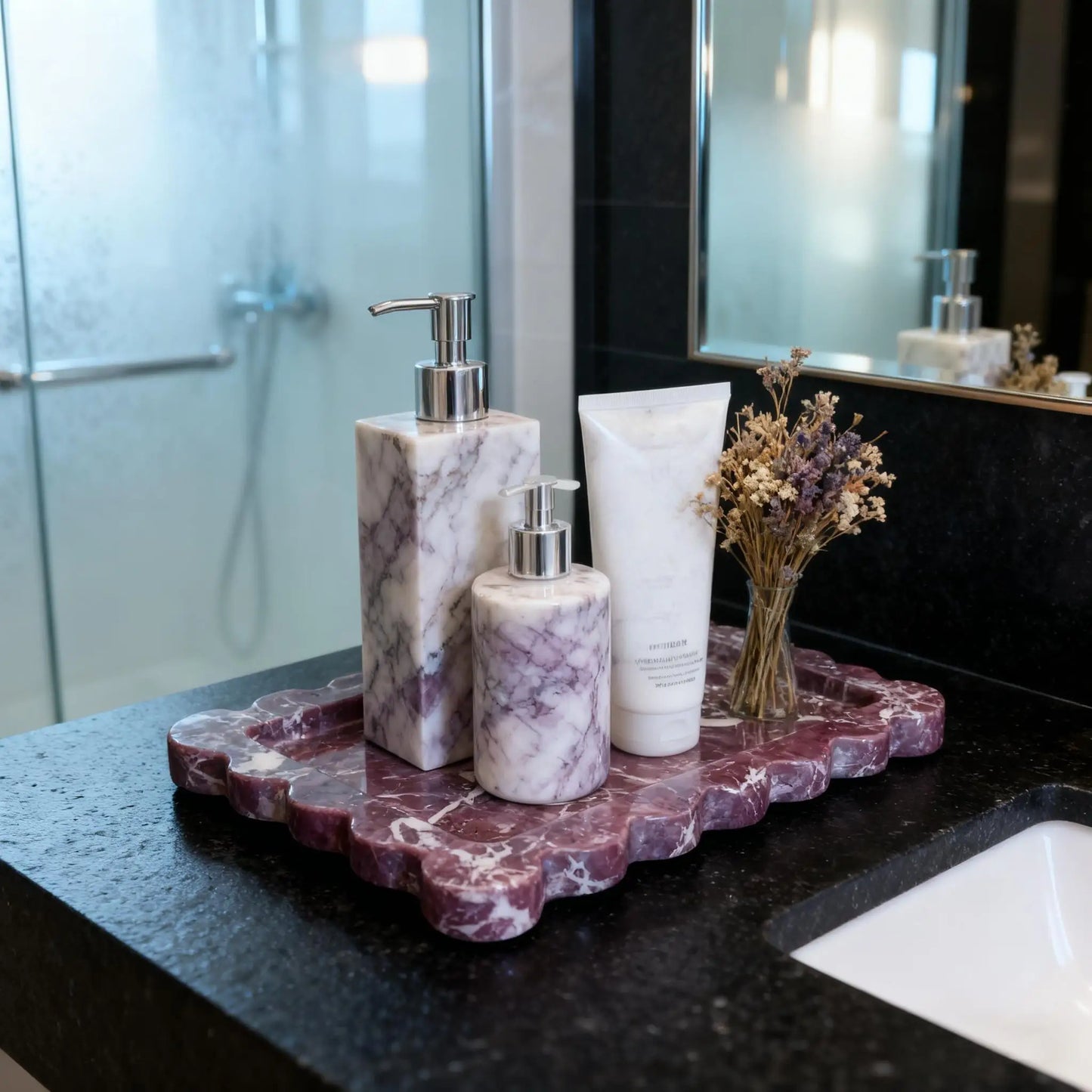 Purple Marble Tray Scalloped Edge,Natural Stone Jewelry Organizer Dish, Vanity Storage & Bathroom Countertop Trinket Tray