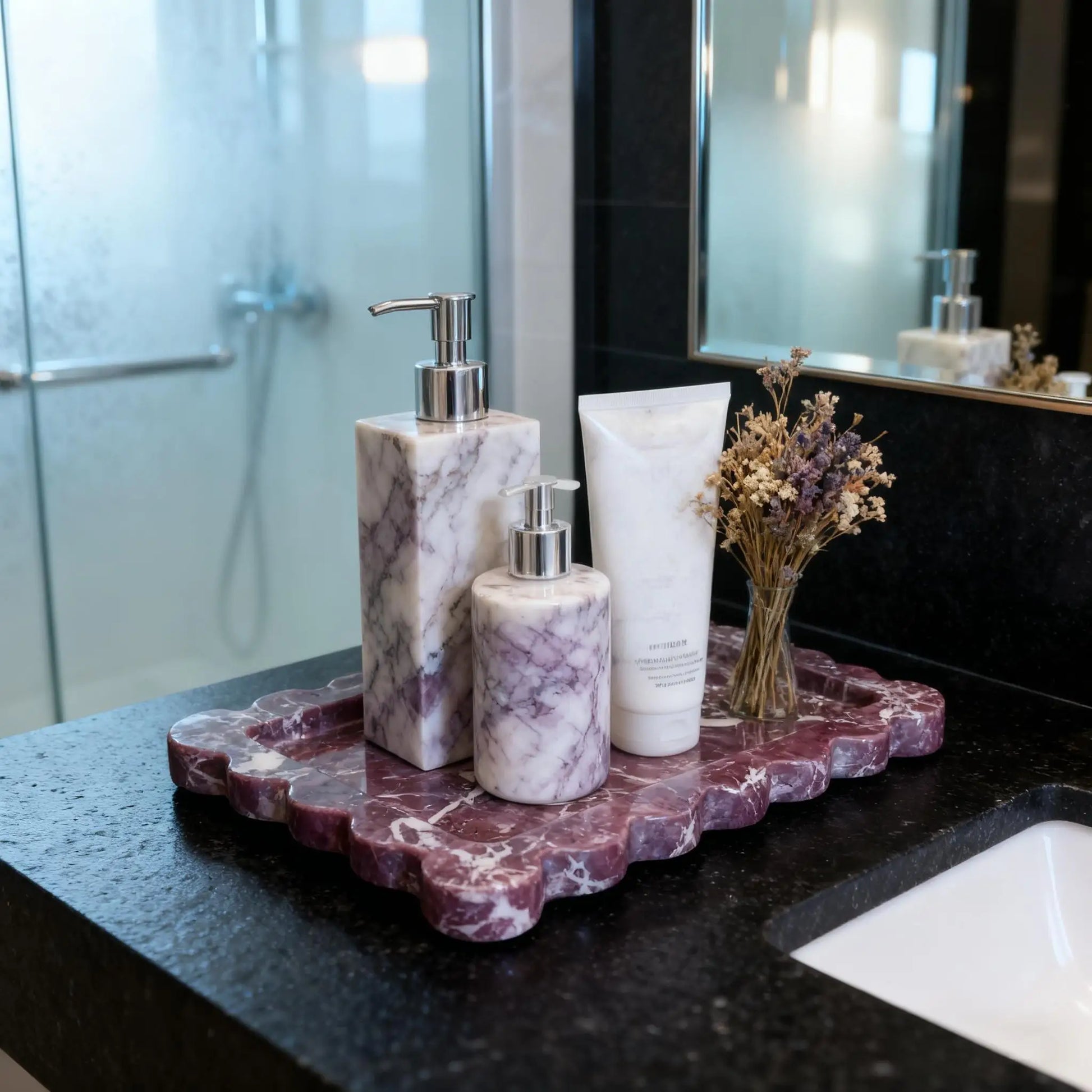 Purple Marble Tray Scalloped Edge,Natural Stone Jewelry Organizer Dish, Vanity Storage & Bathroom Countertop Trinket Tray