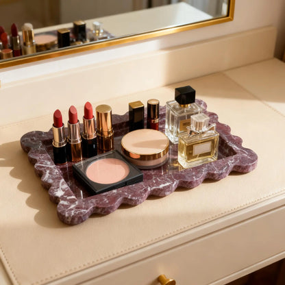 Purple Marble Tray Scalloped Edge,Natural Stone Jewelry Organizer Dish, Vanity Storage & Bathroom Countertop Trinket Tray