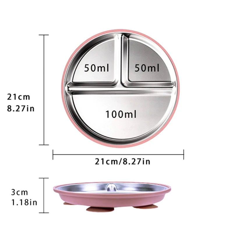 New Kids Tableware - 304 Stainless Steel Divided Plate with Silicone Suction Base for Babies