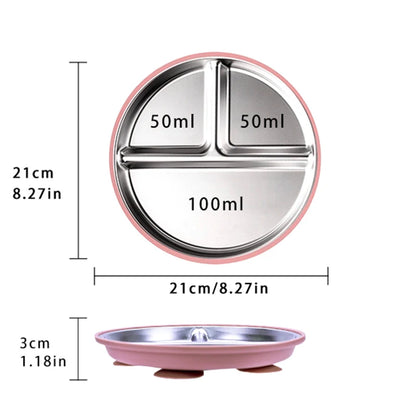 New Kids Tableware - 304 Stainless Steel Divided Plate with Silicone Suction Base for Babies