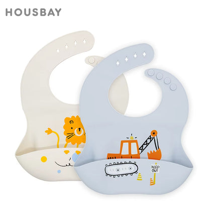 Waterproof Bibs for Kids Feeding Baby Eating Stuff Soft Silicone Babeast Cartoon Printed Adjustable Baby Tasting Feeding Bibs