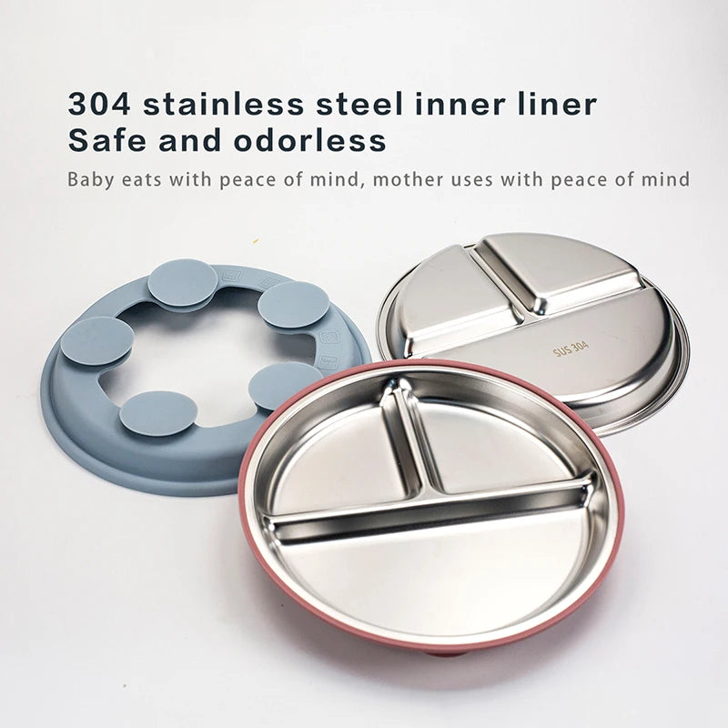 New Kids Tableware - 304 Stainless Steel Divided Plate with Silicone Suction Base for Babies