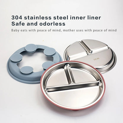 New Kids Tableware - 304 Stainless Steel Divided Plate with Silicone Suction Base for Babies