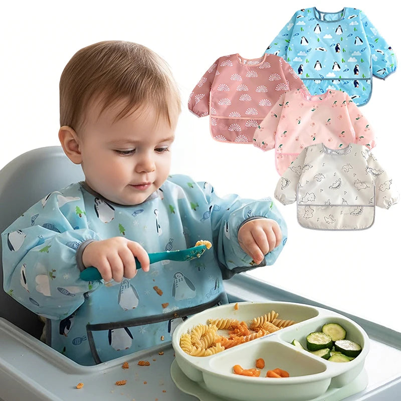 1/2PC Cute Waterproof Full Sleeve Baby Bibs Children Apron Long Sleeve Feeding Smock Kids Eating Breastplate Infant Scarf Cloth