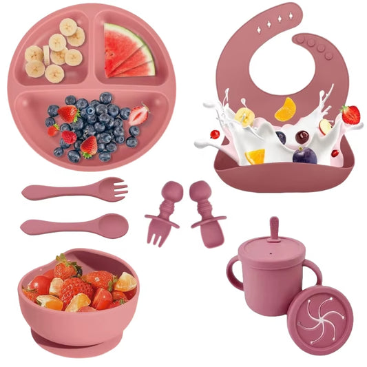 BPA Free Silicone Baby Feeding Set Sucker Bowl Dinning Plate Straw Cup Spoon Forks for Kids Baby Tableware Children Dishes