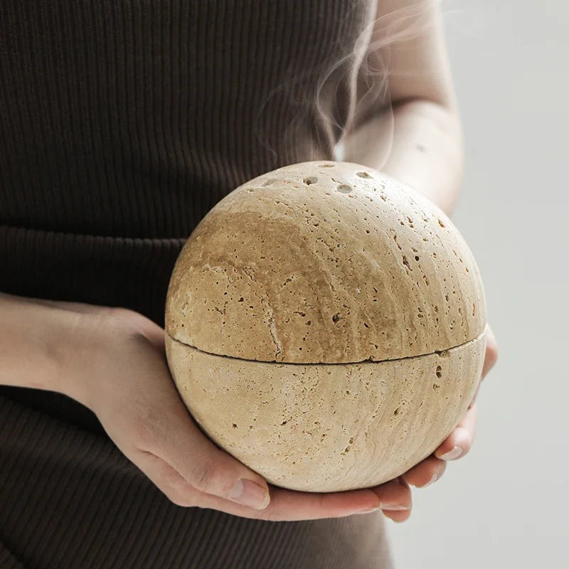Wabi-Sabi Style Natural Beige Marble Stone, 9 Holes Sphere Incense Burner, Wood Plate Container, Home Decoration Crafts
