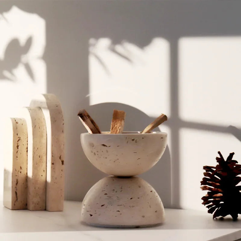 Wabi-Sabi Style Natural Beige Marble Stone, 9 Holes Sphere Incense Burner, Wood Plate Container, Home Decoration Crafts