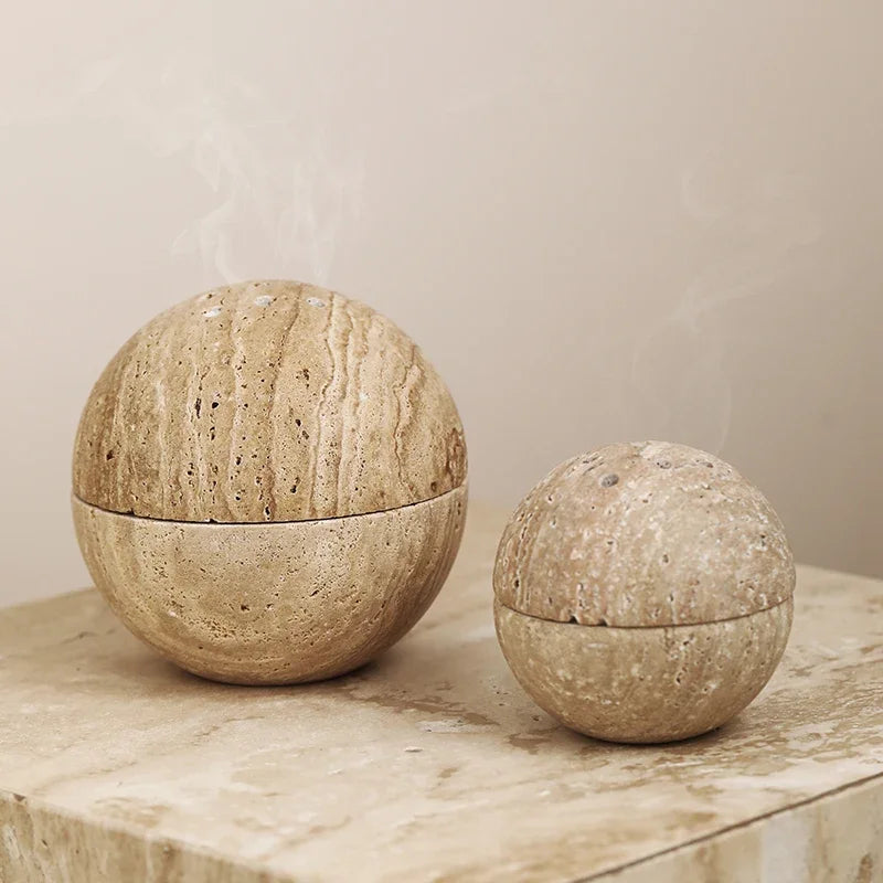 Wabi-Sabi Style Natural Beige Marble Stone, 9 Holes Sphere Incense Burner, Wood Plate Container, Home Decoration Crafts