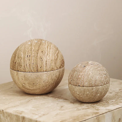 Wabi-Sabi Style Natural Beige Marble Stone, 9 Holes Sphere Incense Burner, Wood Plate Container, Home Decoration Crafts
