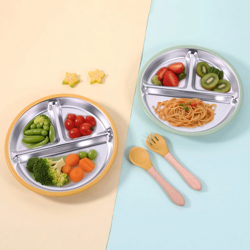 New Kids Tableware - 304 Stainless Steel Divided Plate with Silicone Suction Base for Babies