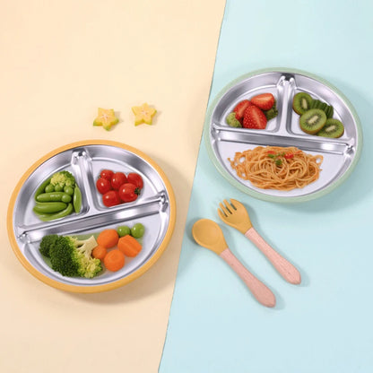 New Kids Tableware - 304 Stainless Steel Divided Plate with Silicone Suction Base for Babies