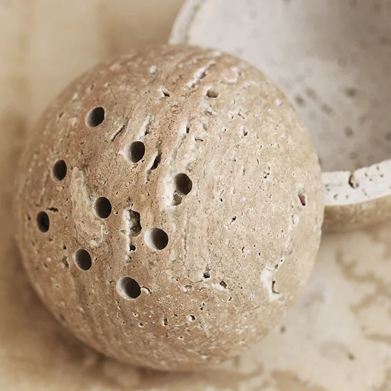 Wabi-Sabi Style Natural Beige Marble Stone, 9 Holes Sphere Incense Burner, Wood Plate Container, Home Decoration Crafts