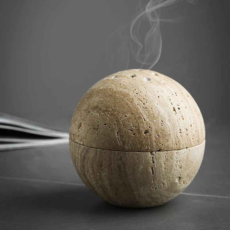 Wabi-Sabi Style Natural Beige Marble Stone, 9 Holes Sphere Incense Burner, Wood Plate Container, Home Decoration Crafts