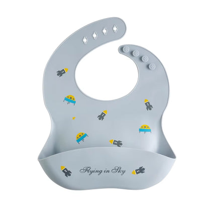 Waterproof Bibs for Kids Feeding Baby Eating Stuff Soft Silicone Babeast Cartoon Printed Adjustable Baby Tasting Feeding Bibs