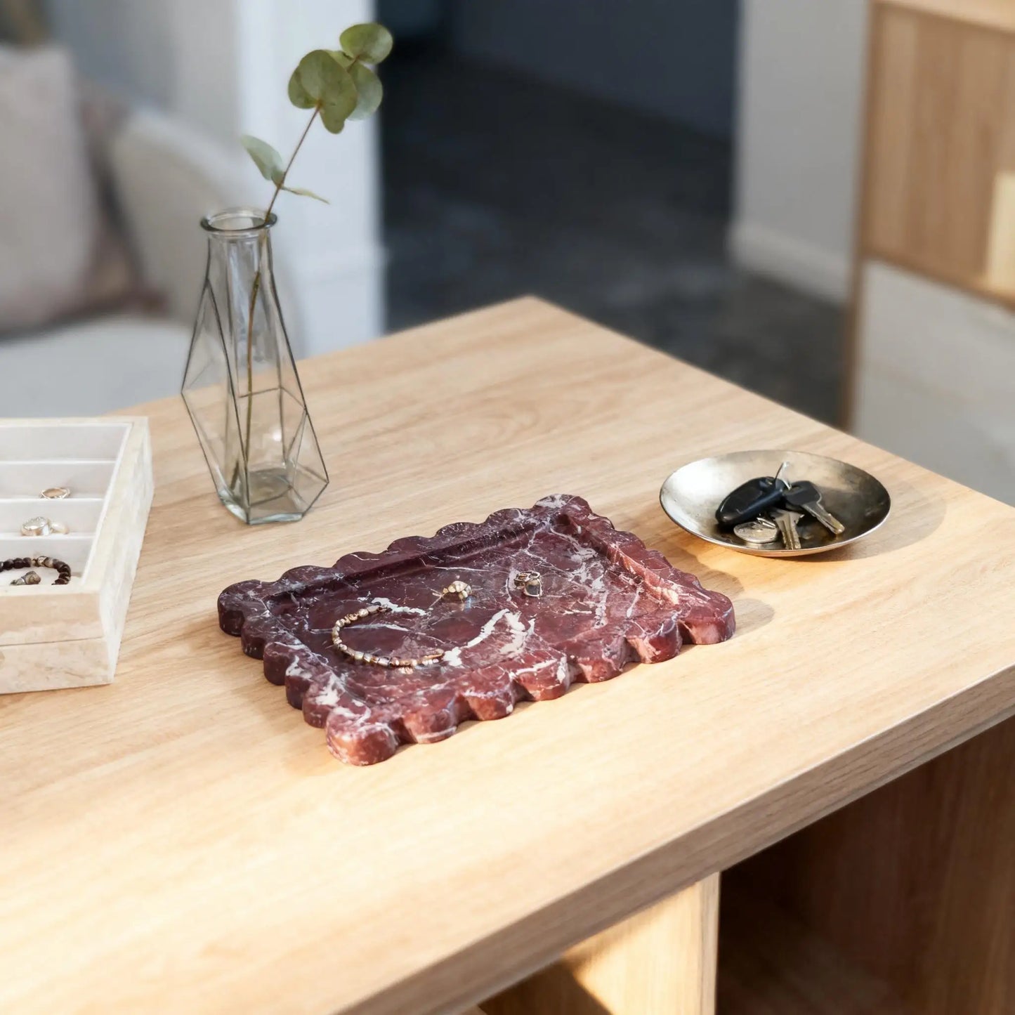 Purple Marble Tray Scalloped Edge,Natural Stone Jewelry Organizer Dish, Vanity Storage & Bathroom Countertop Trinket Tray